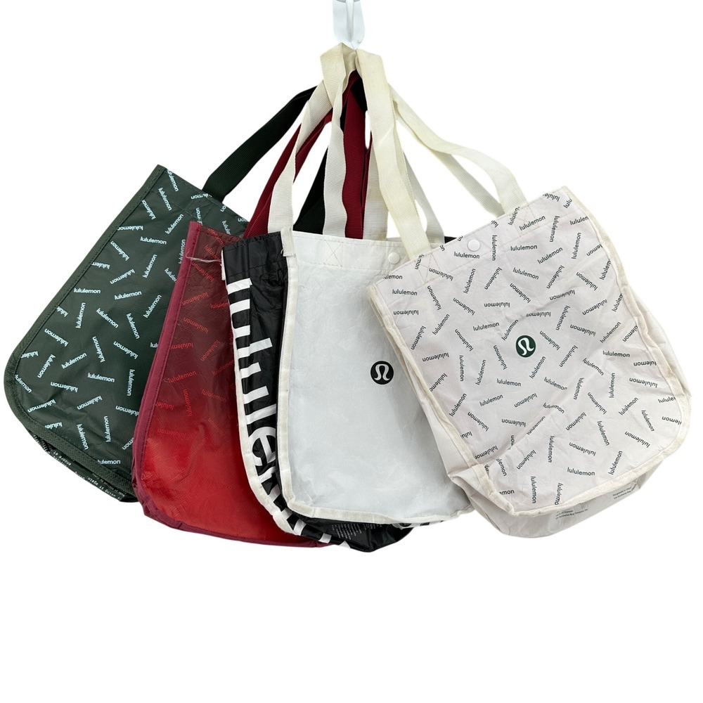 Lululemon Reusable Shopping Tote Bags Set of 4 Green Red White Cream Athleisure